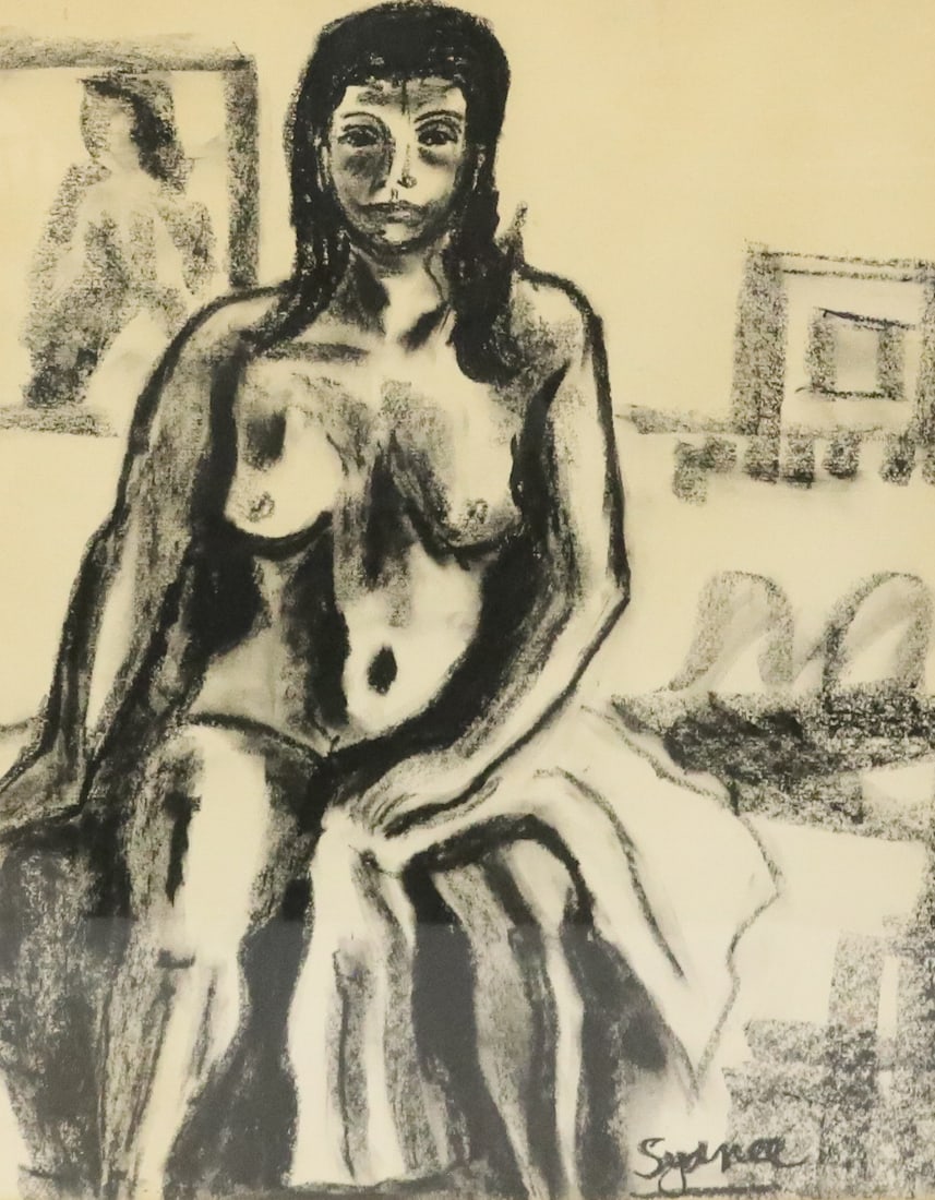 PORTRAIT OF NUDE WOMAN, CHARCOAL ON PAPER: SEATED WOMAN, SGND. SYDNEE BOTTOM RIGHT. MATTED AND FRAMED UNDER GLASS. SIGHT VIEW 16 1/2" X 12 3/4". PLEASE READ CAREFULLY - Terms for Purchasing and Shipping of Auction Items. Please read carefully 