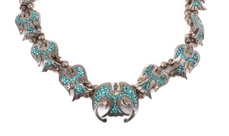 STERLING SILVER AND TURQUOISE PEYOTE BIRD SQUASH BLOSSOM NECKLACE