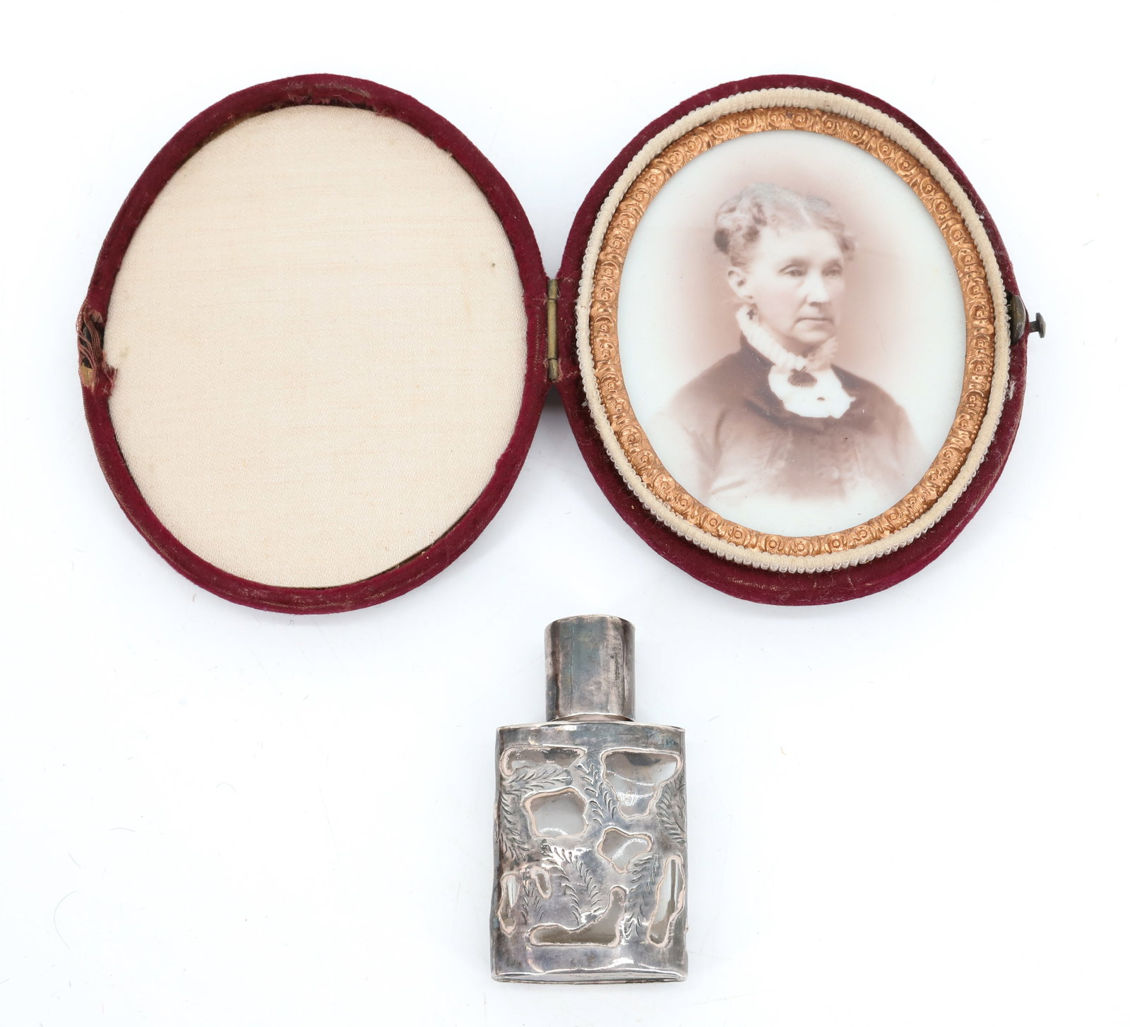 SILVER OVERLAY PERFUME AND IMAGE ON PORCELAIN: SILVER OVERLAY PERFUME (MRK. ON BOTTOM) 2" H. WITH OVAL IMAGE OF OLDER WOMAN ON PORCELAIN PLEASE READ CAREFULLY - Terms for Purchasing and Shipping of Auction Items. Please read carefully before biddi