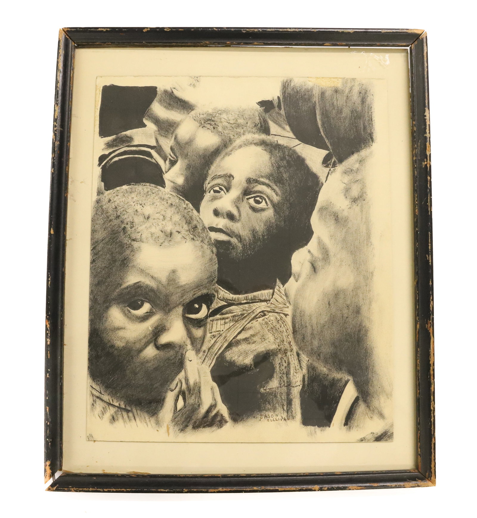 JASON SULLIVAN SKETCH OF CHILDREN: CHARCOAL ON PAPER, AFRICAN AMERICAN CHILDREN. FRAMED UNDER GLASS. 13 3/4" X 11 1/4" TOTAL SIZE. PLEASE READ CAREFULLY - Terms for Purchasing and Shipping of Auction Items. Please read carefully before