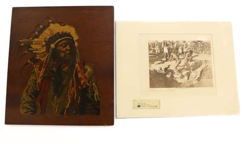 PAINTED WALL PLAQUE AND NATIVE AMERICAN PHOTOGRAPH