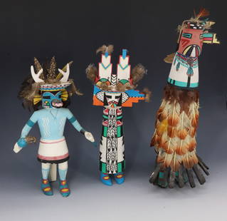 (3) NATIVE AMERICAN KACHINA DOLLS: 13" TO 15 1/2" HEIGHTS. TALLEST HAS ORIGINAL TAG. PLEASE READ CAREFULLY - Terms for Purchasing and Shipping of Auction Items. Please read carefully before bidding. All payments for purchases will be m