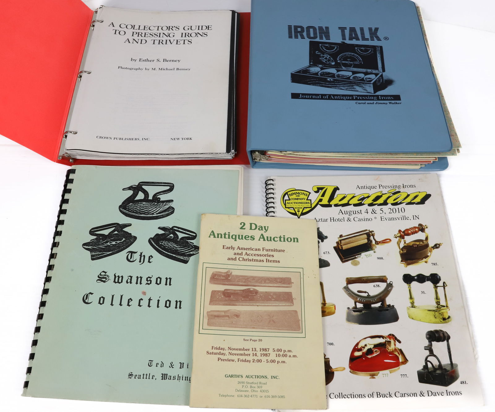 LOT OF IRON REFERENCE BOOKS, CATALOGS, JOURNALS: "COLLECTOR'S GUIDE TO PRESSING IRONS AND TRIVETS" BERNEY, "THE SWANSON COLLECTION", "IRON TALK, JOURNAL OF ANTIQUE PRESSING IRONS" AND MORE. PLEASE READ CAREFULLY - Terms for Purchasing and Shipping o