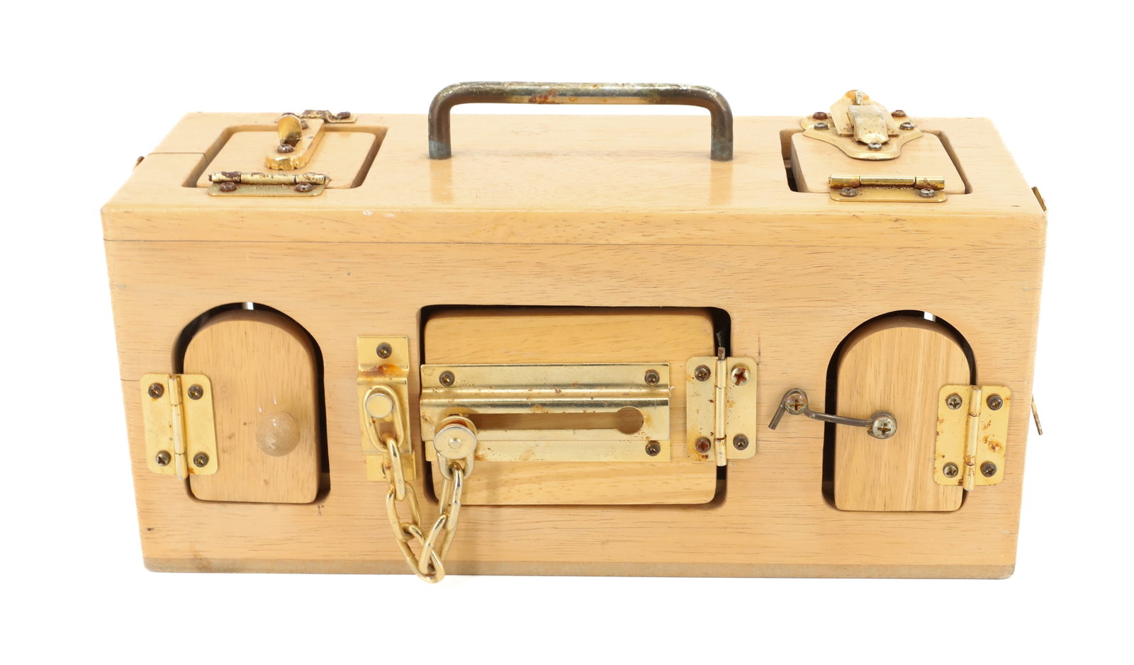 UNUSUAL "LATCH" BOX: VARIOUS DOORS AND BRASS LATCHES AND HARDWARE. 12 1/4" L. PLEASE READ CAREFULLY - Terms for Purchasing and Shipping of Auction Items. Please read carefully before bidding. All payments for purchases wi