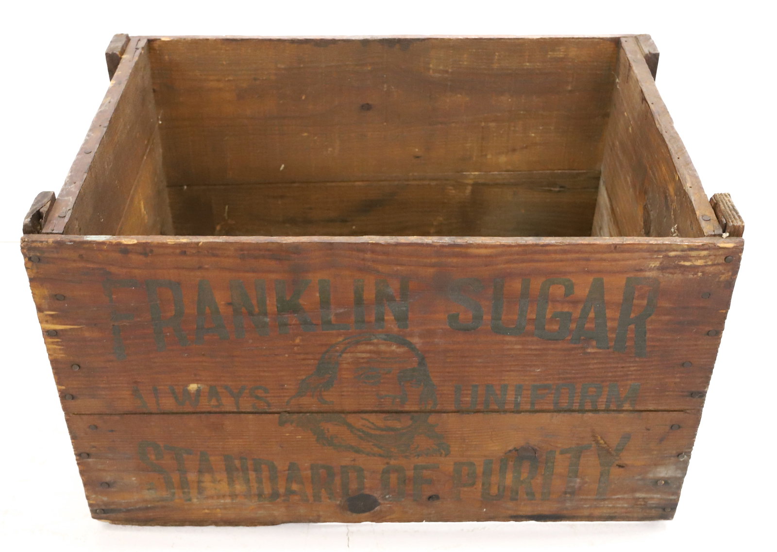 FRANKLIN SUGAR ADVERTISING CRATE: SHIPPING CRATE MRKD. ON ALL FOUR SIDES. "FRANKLIN SUGAR COMPANY, PHILADELPHIA" ON ENDS. 14" X 22" X 15". PLEASE READ CAREFULLY - Terms for Purchasing and Shipping of Auction Items. Please read careful