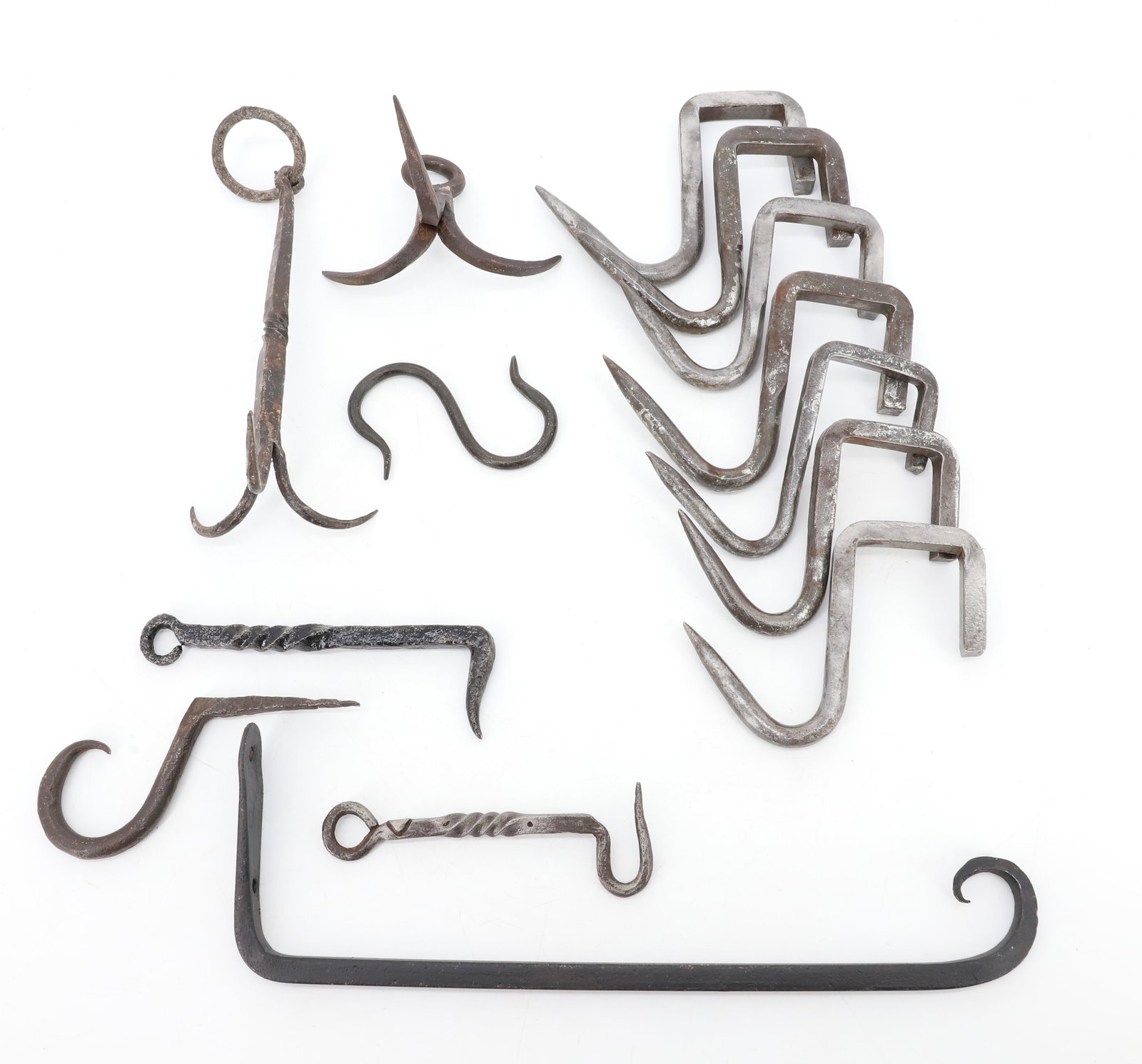 LOT OF ANTIQUE IRON HOOKS: VARIOUS IRON SIZES AND FORMS. LONGEST 12 1/2" L. PLEASE READ CAREFULLY - Terms for Purchasing and Shipping of Auction Items. Please read carefully before bidding. All payments for purchases will be ma
