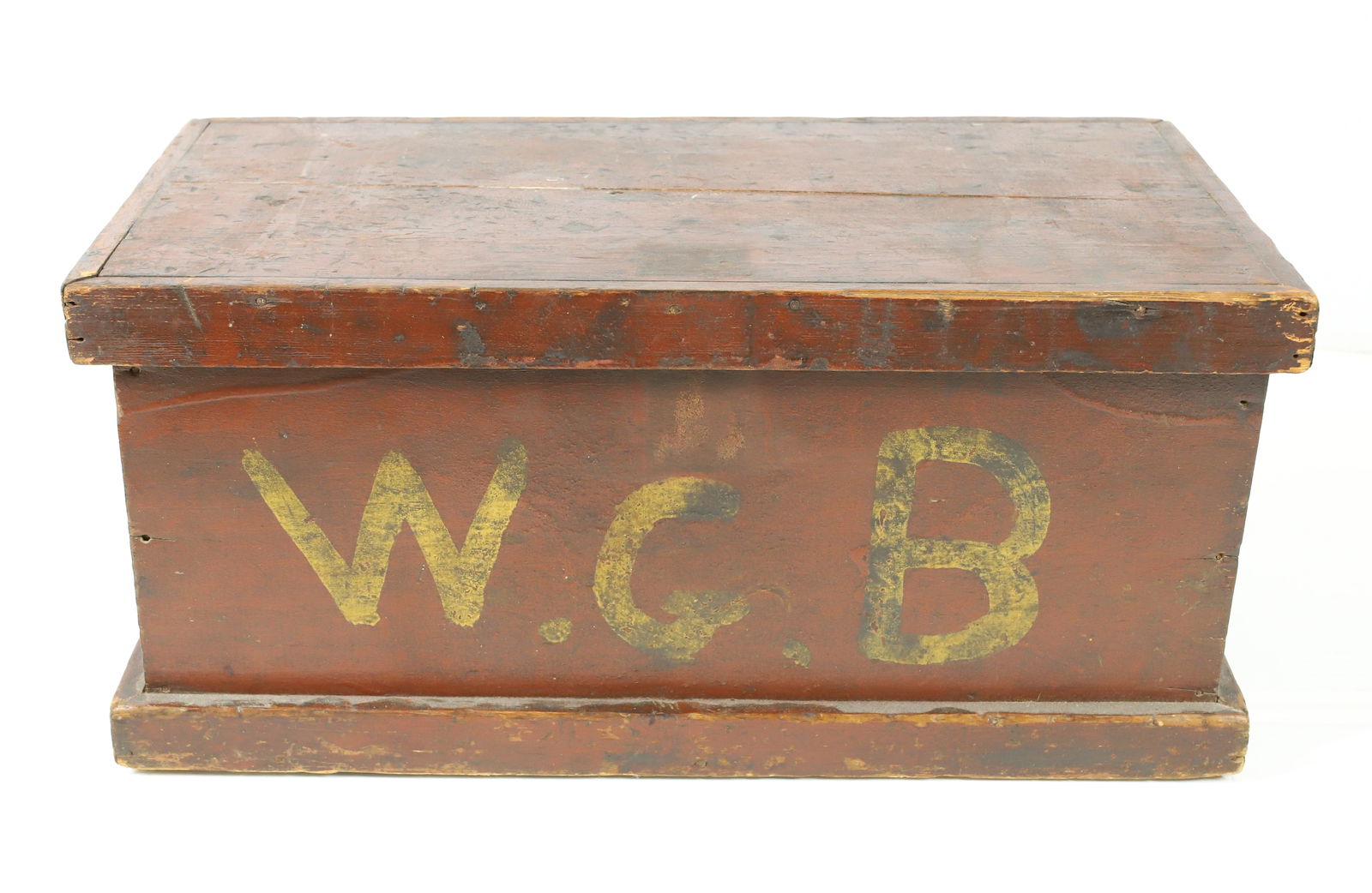 PAINTED WOODEN BOX: RED PAINTED SURFACE WITH PAINTED INITIALS ON FRONT. 7" X 14 1/2" X 7 3/4". PLEASE READ CAREFULLY - Terms for Purchasing and Shipping of Auction Items. Please read carefully before bidding. All payment