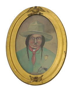 ANTONIO ROMANO (1953-2018) "INDIAN POLICE" PORTRAIT: POSSIBLY PASTEL/WATERCOLOR ON PAPER IN OVAL GOLD FRAME. SGND/DATED SIDE RIGHT "A. ROMANO, 2014". 24 1/2" X 18 1/4" TOTAL SIZE. PLEASE READ CAREFULLY - Terms for Purchasing and Shipping of Auction Item