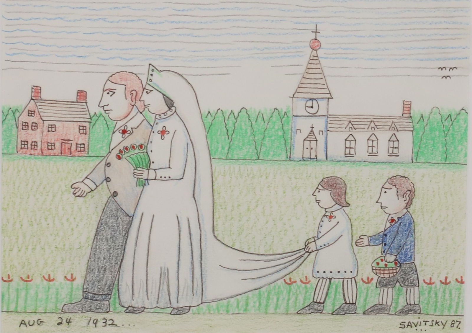 JACK SAVITSKY CRAYON ON PAPER: THE WEDDING. AUG. 24, 1932. SGND/DATED LOWER RIGHT '87. FRAMED/MATTED UNDER GLASS. 8 1/2" X 11 1/2". PLEASE READ CAREFULLY - Terms for Purchasing and Shipping of Auction Items. Please read carefully b