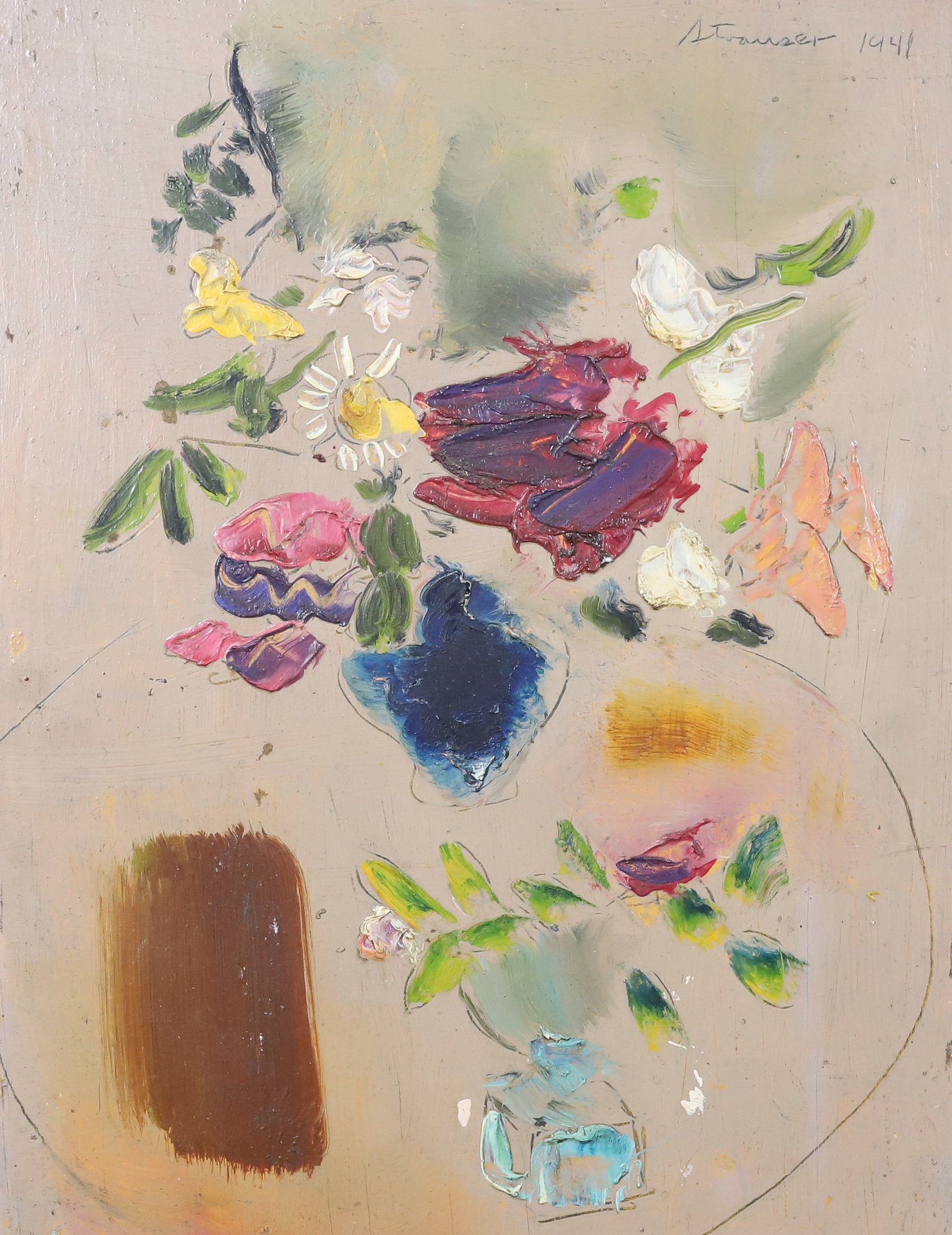 STERLING STRAUSER OIL ON BOARD: EARLY FLORAL PAINTING ON BOARD. SGND/DATED TOP RIGHT "STRAUSER, 1941". UNFRAMED. 16" X 12". FROM THE PRIVATE COLLECTION OF KATHRYN ZERVOS, GRAND DAUGHTER OF STERLING STRAUSER. INV. #42. PLEASE READ CA