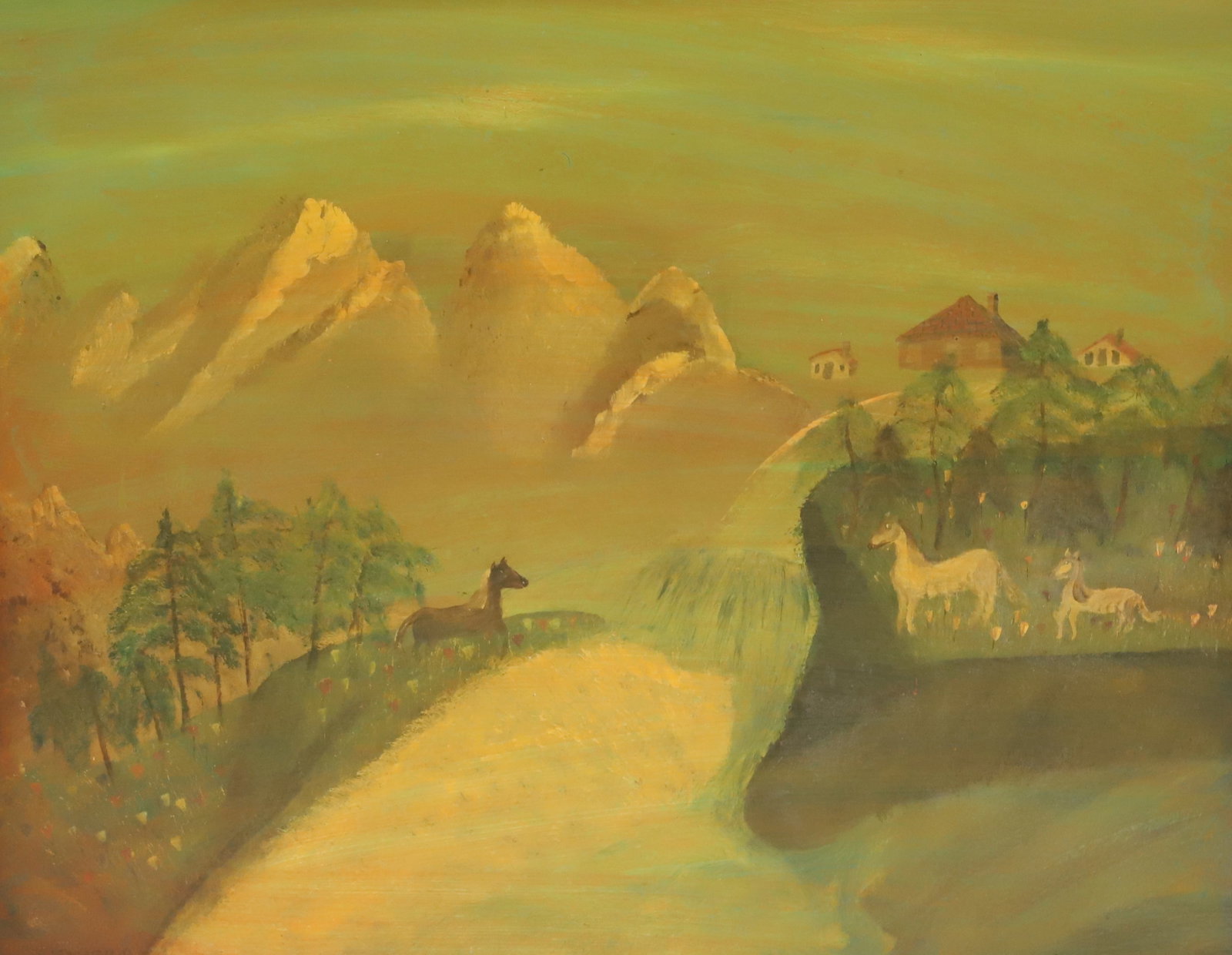 BRUNO DEL FAVERO OIL ON BOARD: LANDSCAPE PAINTING OF HORSES ON GRASSY HILLS, BUILDINGS AND MOUNTAINS IN BACKGROUND. SGND. BOTTOM LEFT. SGND. ON BACK/ACRYLICS/95. 32 3/4" X 40 1/2". PLEASE READ CAREFULLY - Terms for Purchasing and S