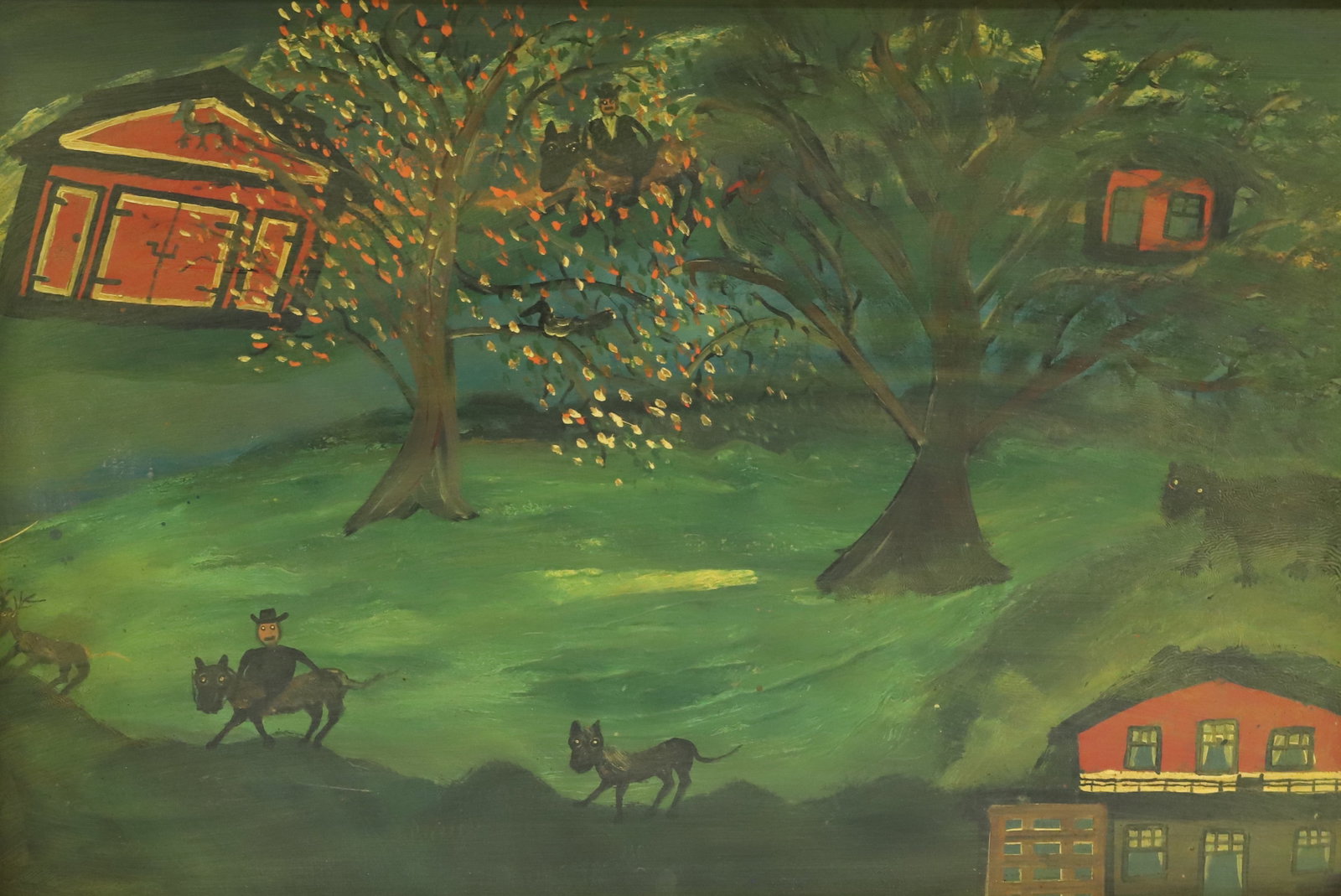 BRUNO DEL FAVERO OIL ON BOARD: SCENE OF (2) MEN WITH HATS RIDING ANIMALS. WITH BUILDINGS IN FOREFRONT AND BACKGROUND WITH TREES. SGND. ON BACK "B. DELFAVERO, 185". 32 1/2" X 48 1/4". PLEASE READ CAREFULLY - Terms for Purchasing and
