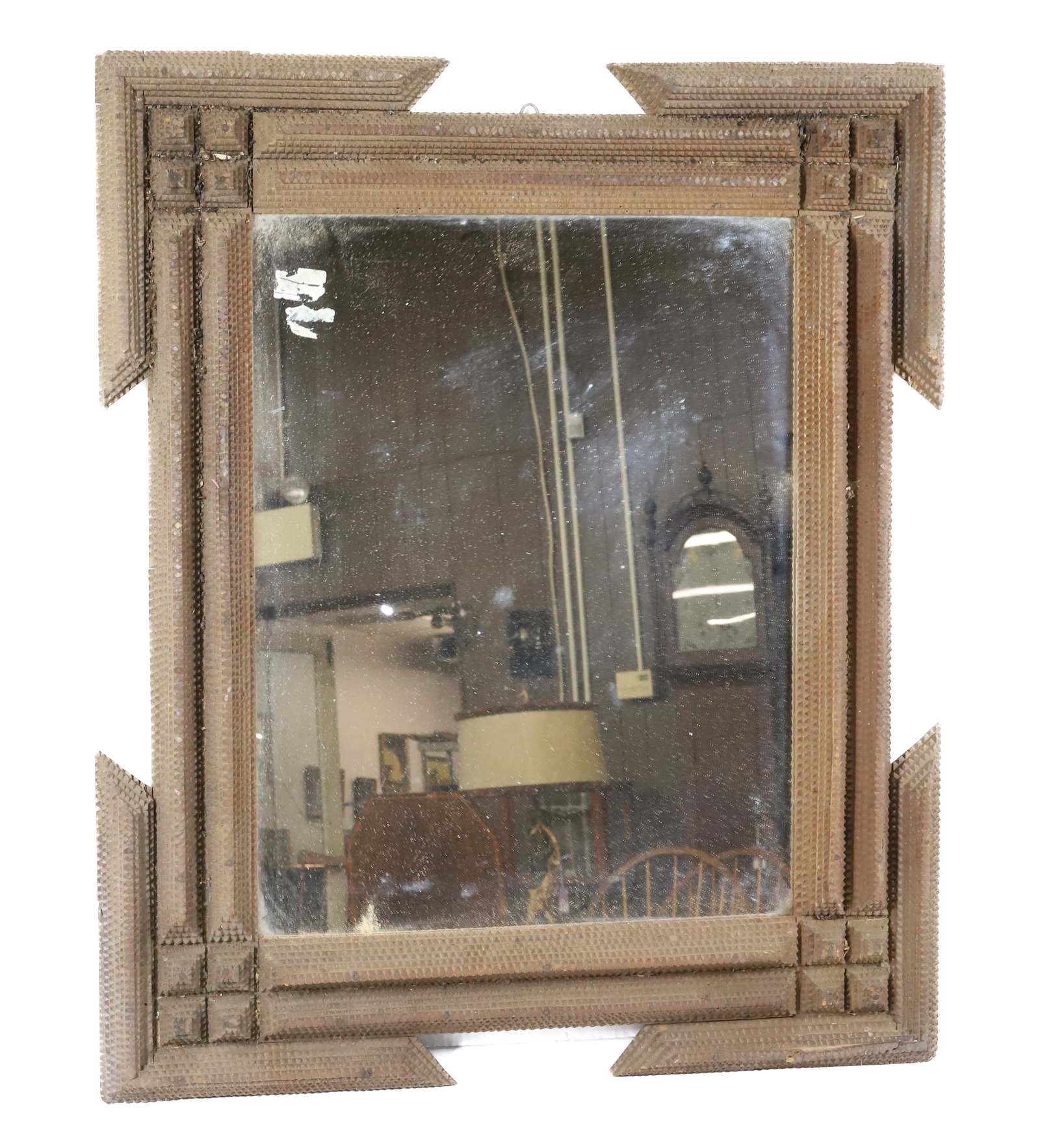 TRAMP ART MIRROR: LAYERED CHIP CARVING IN NATURAL WOOD. 23 1/4" X 20" TOTAL SIZE. PLEASE READ CAREFULLY - Terms for Purchasing and Shipping of Auction Items. Please read carefully before bidding. All payments for purch