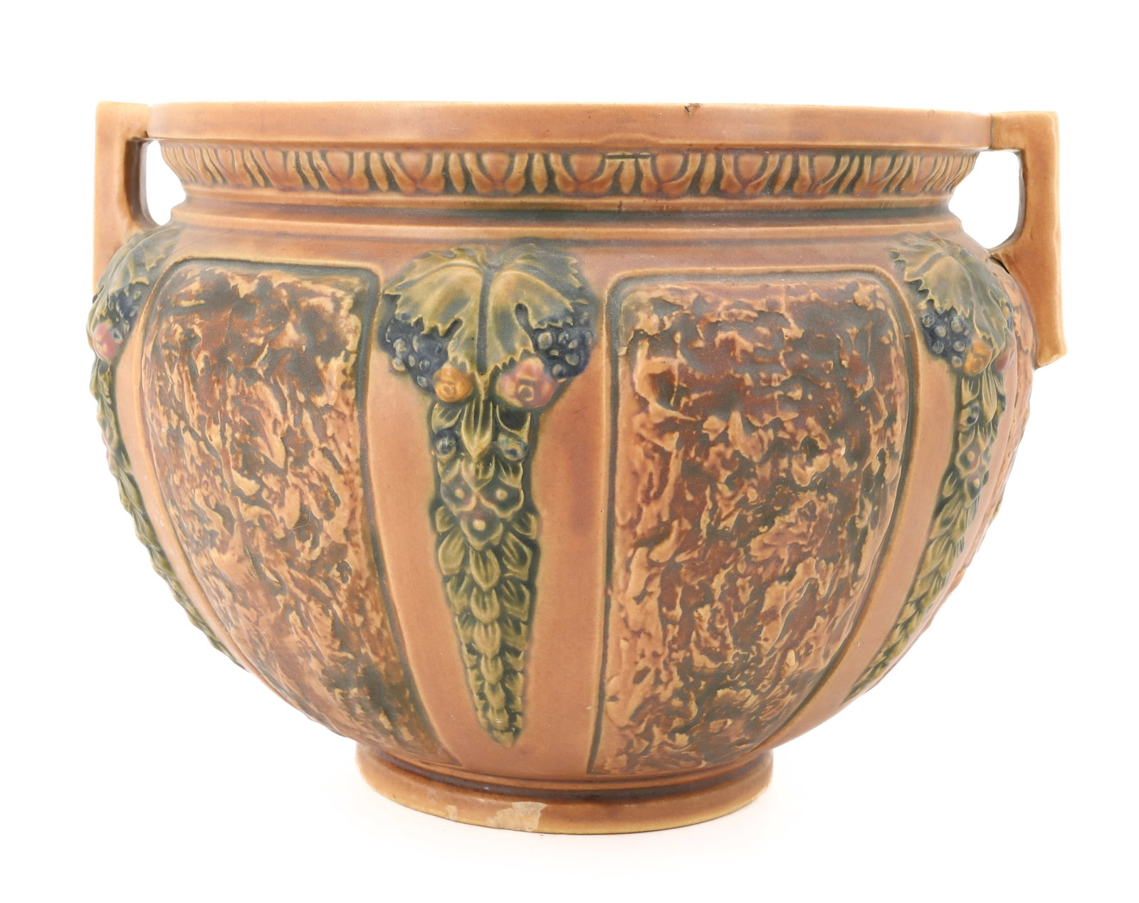 ROSEVILLE FLORENTINE JARDINIERE: DOUBLE HANDLED. STAMPED ON BOTTOM. 10" X 12". PLEASE READ CAREFULLY - Terms for Purchasing and Shipping of Auction Items. Please read carefully before bidding. All payments for purchases will be made 