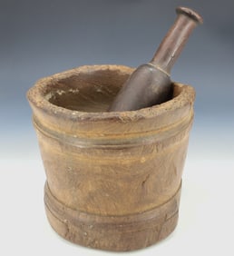 EARLY WOODEN MORTAR AND PESTLE