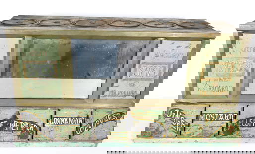 COUNTRY STORE SPICE DISPLAY: PAINTED TIN "WOOLSON, SPICE CO., TOLEDO, OHIO" PAINTED PANELS ON EITHER SIDE OF BEVELED MIRROR ABOVE SIX INDIVIDUAL SPICE DOORS. 14" X 27 3/4" X 12 1/2". PLEASE READ CAREFULLY &#226;&#8364;&#8220; THI