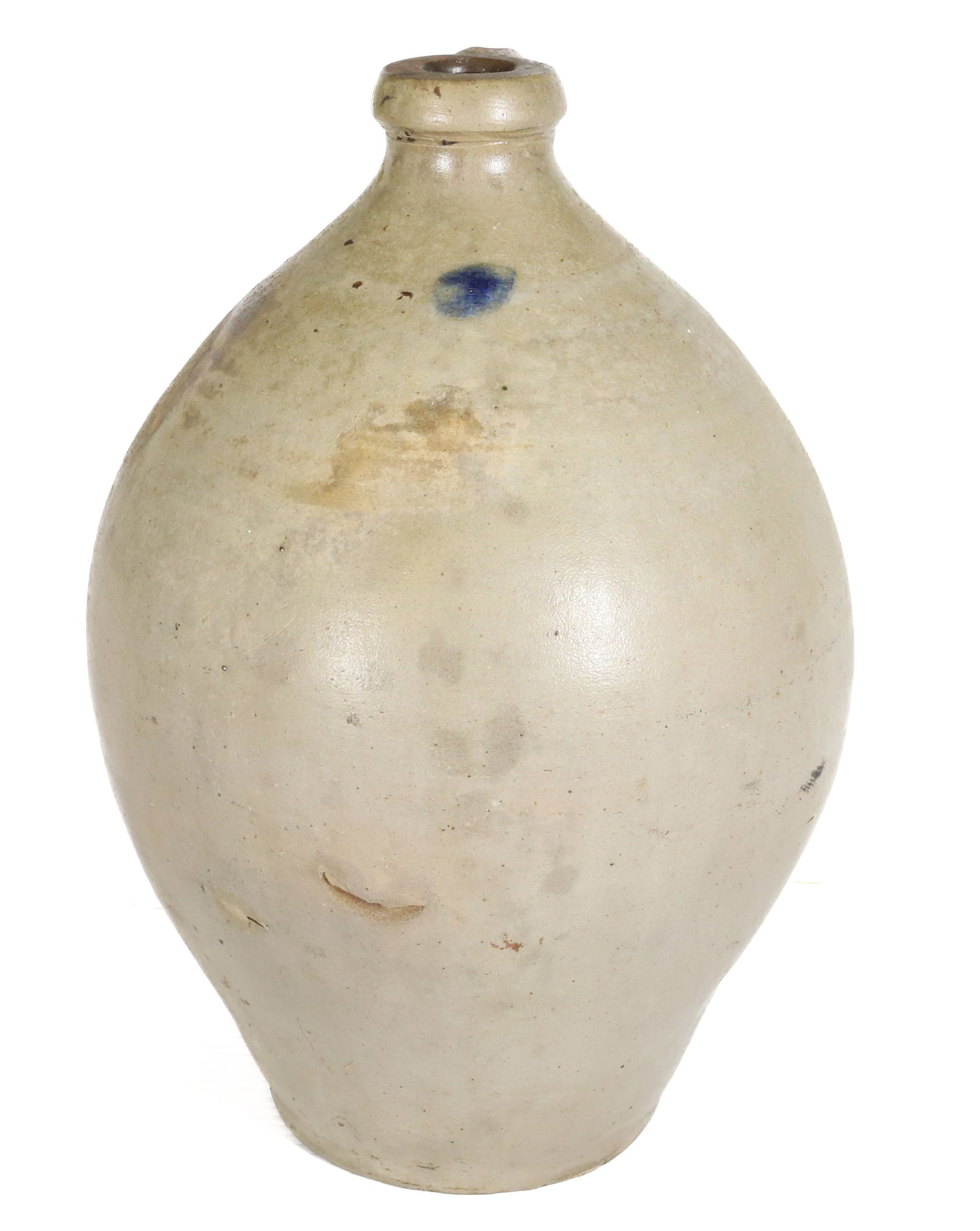 STONEWARE OVOID JUG: HEAVY STONEWARE JUG WITH BLUE DOT ON TOP FRONT. 14 1/2" H. PLEASE READ CAREFULLY â€“ THIS IS AN IN-PERSON & ON-LINE AUCTION. SALE IS LOCATED IN HARMONY TOWNSHIP, PHILLIPSBURG, NJ 