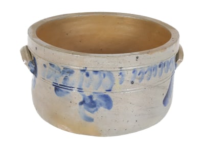 BLUE DECORATED STONEWARE CAKE CROCK