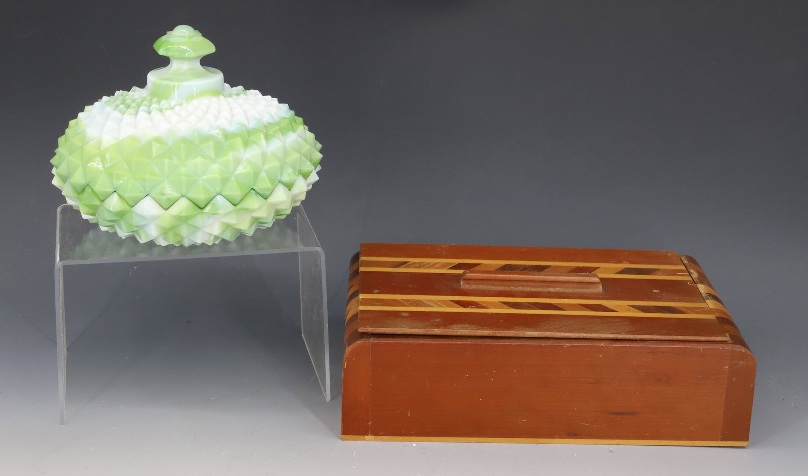 WESTMORELAND COVERED DISH AND INLAID BOX: GREEN/WHITE SLAG GLASS CANDY DISH 6 3/4" D. WITH INLAID LIDDED BOX 9 1/4" L. PLEASE READ CAREFULLY â€“ THIS IS AN IN-PERSON & ON-LINE AUCTION. SALE IS LOCATED IN HARMONY TOWNSHIP, PHI