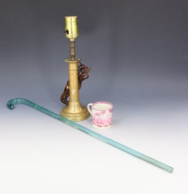 GLASS CANE, LUSTRE MUG AND BRASS LAMP