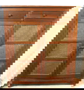TWO-DOOR COUNTRY PIE SAFE: SIX PUNCHED TIN PANELS ON DOORS WITH HEX SIGN TYPE DECORATION. TWO DRAWERS OVER TWO DOORS. 50" X 43" X 15". PLEASE READ CAREFULLY &#226;&#8364;&#8220; THIS IS AN IN-PERSON & ON-LINE AUCTION. SALE IS L