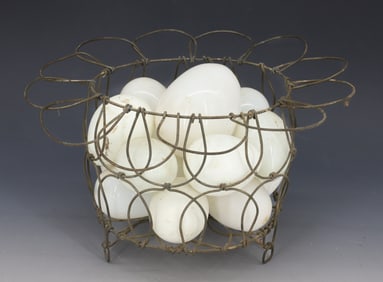 WIRE EGG BASKET AND GLASS EGGS