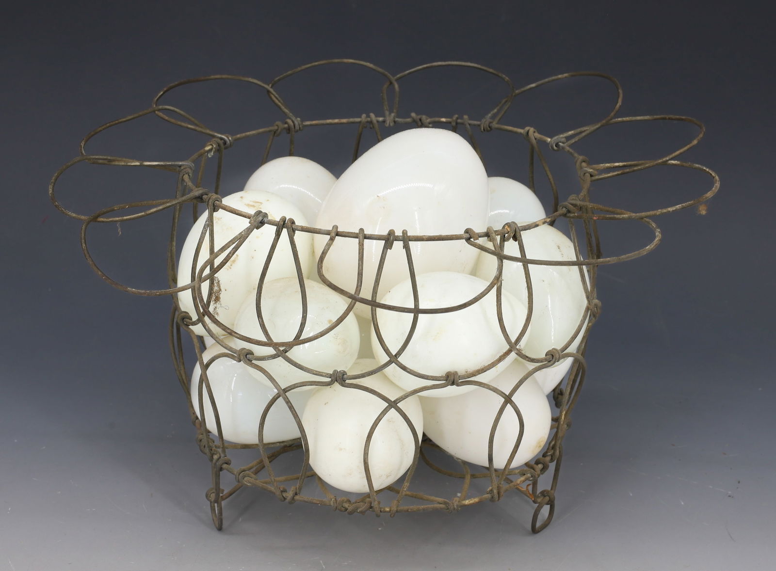 WIRE EGG BASKET AND GLASS EGGS (1 of 3)
