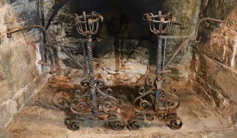 LARGE PAIR OF HANDWROUGHT ANDIRONS