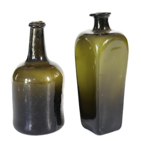 (2) OLIVE GREEN LIQUOR BOTTLES