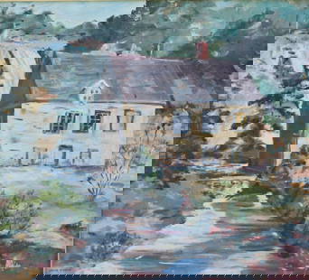 ESTHER BLOOMER OIL ON BOARD: STONE MILL WITH WATERFALL BEHIND AND CREEK RUNNING TO FOREGROUND. SGND. BOTTOM LEFT AND FAINTLY IN PENCIL ON BOTTOM RIGHT. FRAMED. SIGHT VIEW 20 3/4" X 22 1/4". TOTAL SIZE 26" X 27 1/2". PLEASE READ C