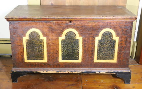 19TH C. PAINT DECORATED BLANKET CHEST: DOVETAILED CONSTRUCTION ON BRACKET FEET. SPONGE PAINTED SURFACE WITH THREE TOMBSTONE PANELS ON FRONT. INTERIOR TILL. 23 1/2" X 40" X 20". PLEASE READ CAREFULLY – THIS IS AN IN-PERSO