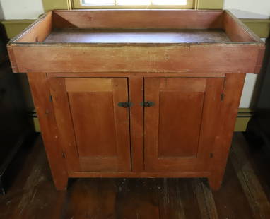 19TH C. COUNTRY DRY SINK: PAINTED/WASHED SURFACE. DOVETAILED OPEN WELL OVER TWO PANELED DOORS. 33 1/2" X 38" X 22". PLEASE READ CAREFULLY &#226;&#8364;&#8220; THIS IS AN IN-PERSON & ON-LINE AUCTION. SALE IS LOCATED IN HARMONY