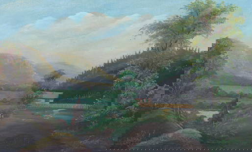 BLOOMSBURY, NJ OIL ON CANVAS, SARAH ELIZABETH RIEGEL : 19TH C. OIL ON CANVAS LANDSCAPE DEPICTING SMALL HOUSE WITH FENCE ASIDE OF A POND WITH MOUNTAINS IN THE BACKGROUND. UNSIGNED. IDENTIFIED WITH BRASS PLAQUE ON FRONT. ORNATE LAYERED FRAME. SIGHT VIEW 21