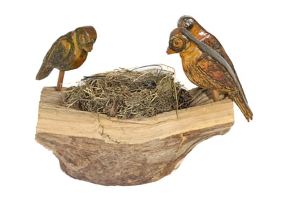 FOLK ART CARVED BIRDS AND NEST