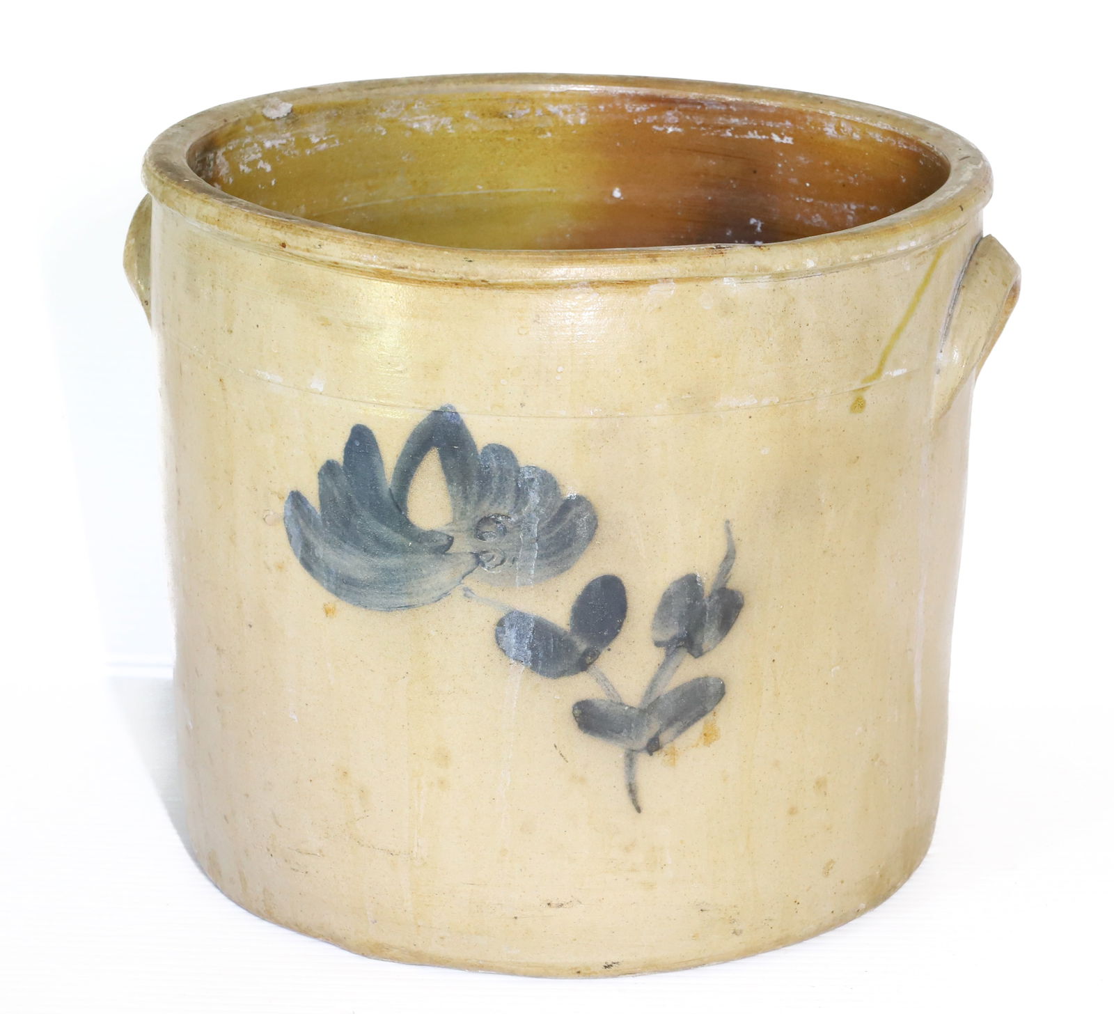 BLUE DECORATED STONEWARE CROCK: BLUE FLORAL DECORATION. 9 1/2" X 11". PLEASE READ CAREFULLY â€“ THIS IS AN IN-PERSON & ON-LINE AUCTION. SALE IS LOCATED IN HARMONY TOWNSHIP, PHILLIPSBURG, NJ â€“ Term