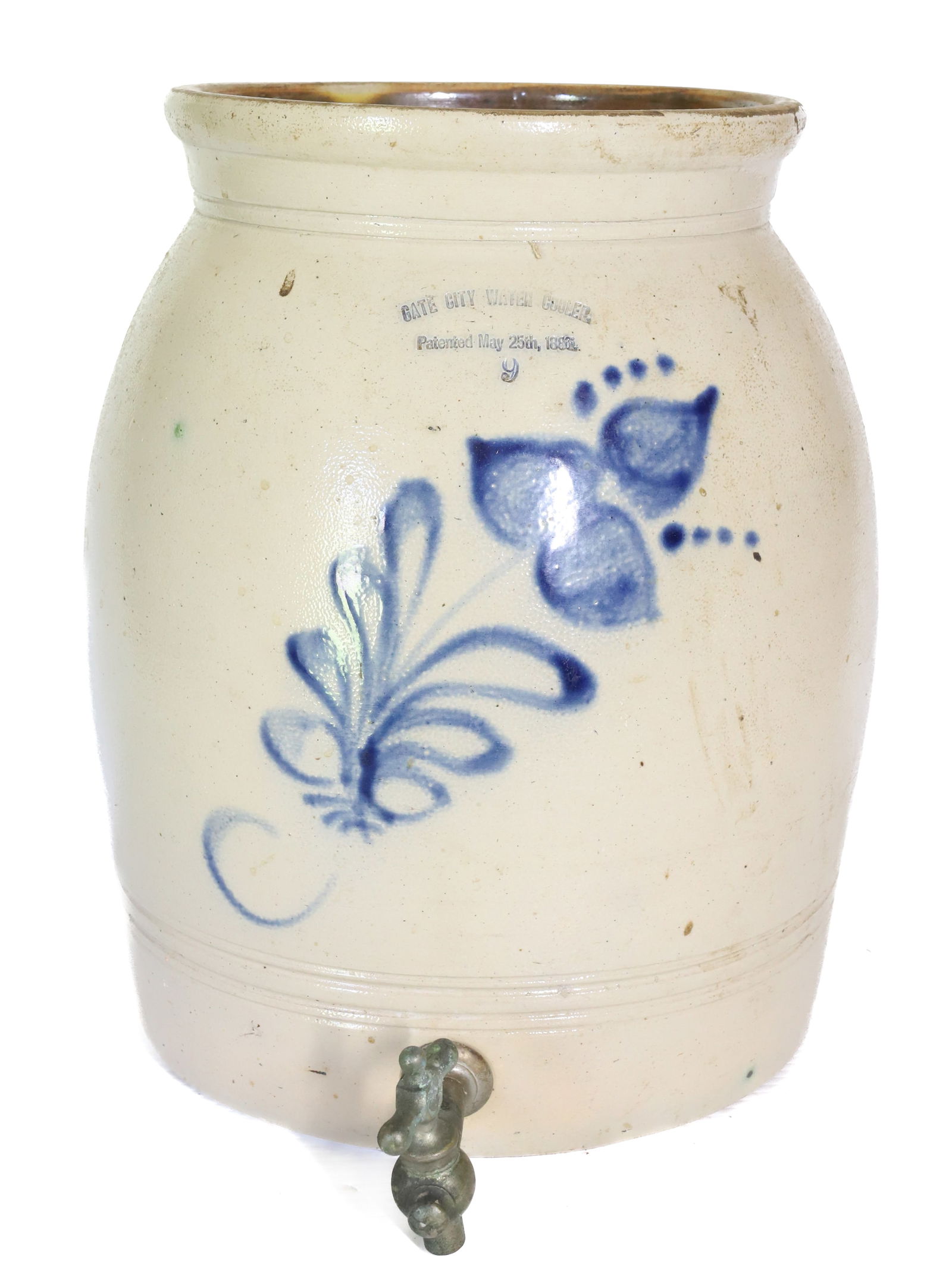 STONEWARE "GATE CITY WATER COOLER": NINE GALLON COOLER WITH BLUE FLORAL ABOVE METAL SPIGOT. 14 3/4" H. PLEASE READ CAREFULLY â€“ THIS IS AN IN-PERSON & ON-LINE AUCTION. SALE IS LOCATED IN HARMONY TOWNSHIP, PHILLIPSBURG,