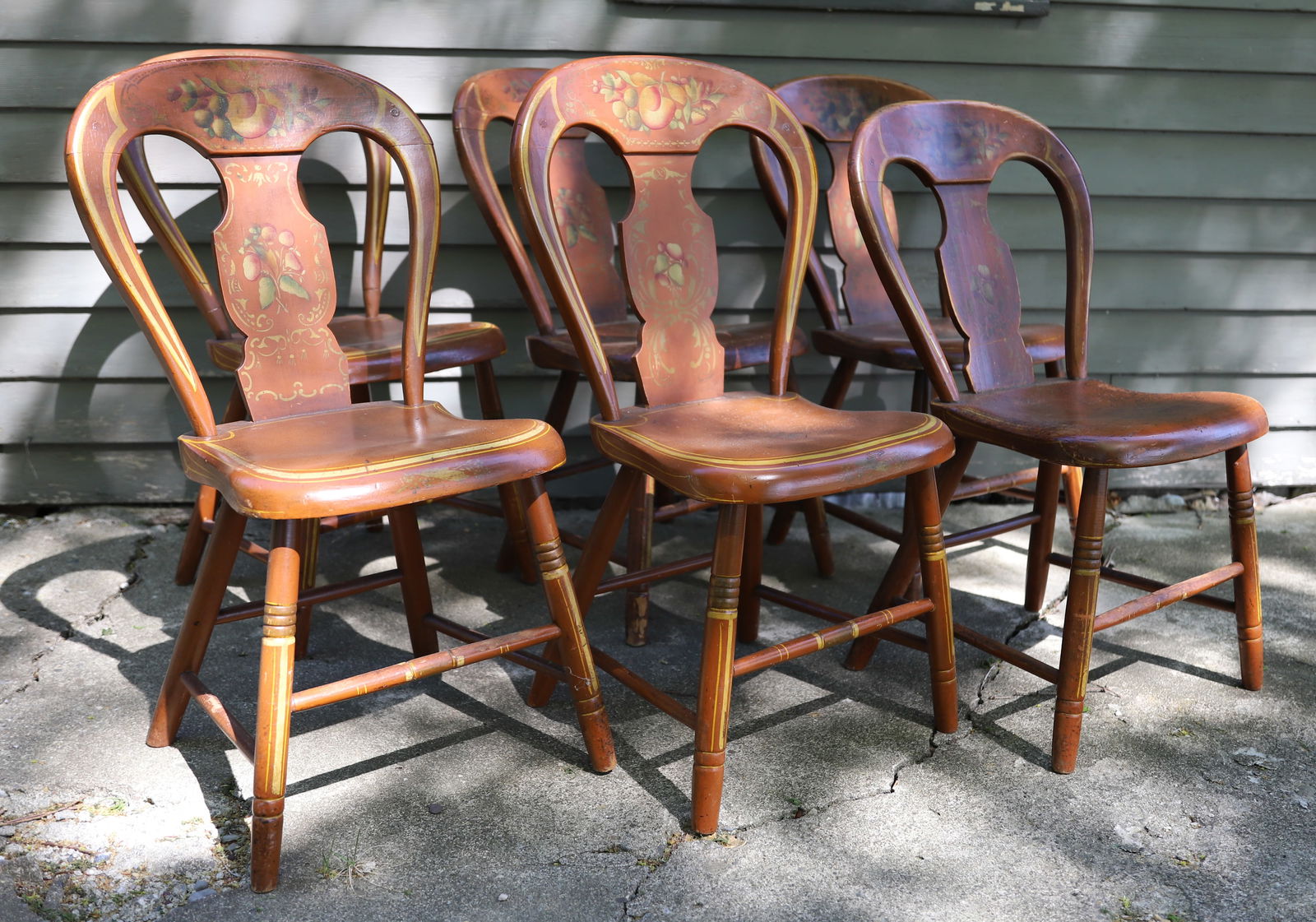 SET OF PAINTED BALLOON BACK CHAIRS: PAINTED SURFACES WITH STENCILED FRUIT AND LEAVES. PLEASE READ CAREFULLY â€“ THIS IS AN IN-PERSON & ON-LINE AUCTION. SALE IS LOCATED IN HARMONY TOWNSHIP, PHILLIPSBURG, NJ â€