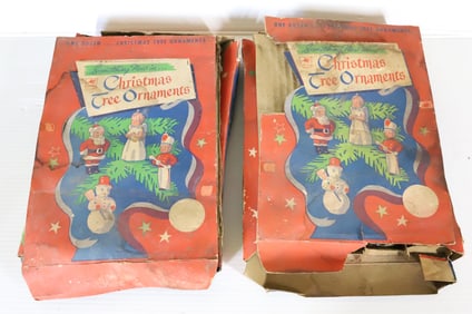 (2) BOXES OF VINTAGE CHRISTMAS TREE ORNAMENTS, TAVERN CANDLES