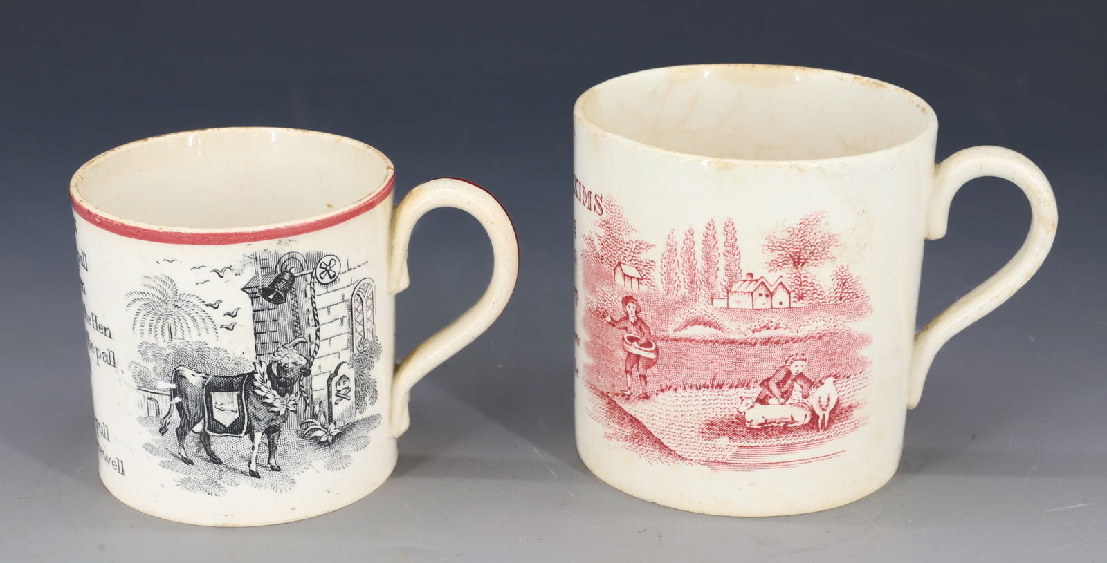(2) TRANSFERWARE CHILD'S VERSE MUGS: COCK ROBIN AND "DR. FRANKLIN'S MAXIMS". 2 1/2" AND 3" HEIGHTS. PLEASE READ CAREFULLY â€“ THIS IS AN IN-PERSON & ON-LINE AUCTION. SALE IS LOCATED IN HARMONY TOWNSHIP, PHILLIPSBURG, NJ