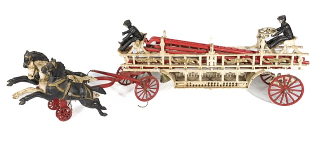 PAINTED CAST IRON HORSE DRAWN FIRE TRUCK