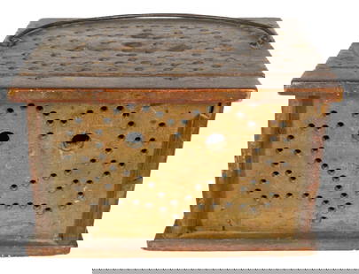 EARLY WOODEN FOOTWARMER: PUNCHED HOLE DESIGN WITH HEARTS ON THREE SIDES. PAINTED SURFACE. INTERIOR TIN FIRE POT. 6 1/2" X 10" X 8 1/2". PLEASE READ CAREFULLY – THIS IS AN IN-PERSON & ON-LINE AUCTION. SALE I