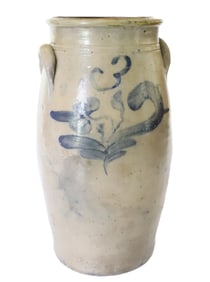 BLUE DECORATED STONEWARE BUTTER CHURN
