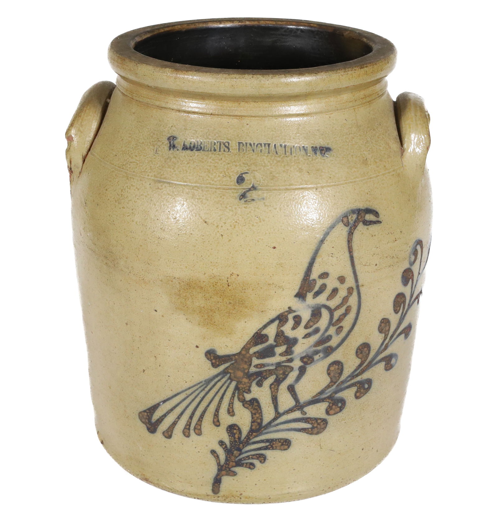 BINGHAMTON, NY STONEWARE BIRD CROCK: TWO GALLON CROCK WITH BIRD ON BRANCH. MRKD. "ROBERTS, BINGHAMTON,NY". 10 3/4" H. PLEASE READ CAREFULLY â€“ THIS IS AN IN-PERSON & ON-LINE AUCTION. SALE IS LOCATED IN HARMONY TOWNSHIP,