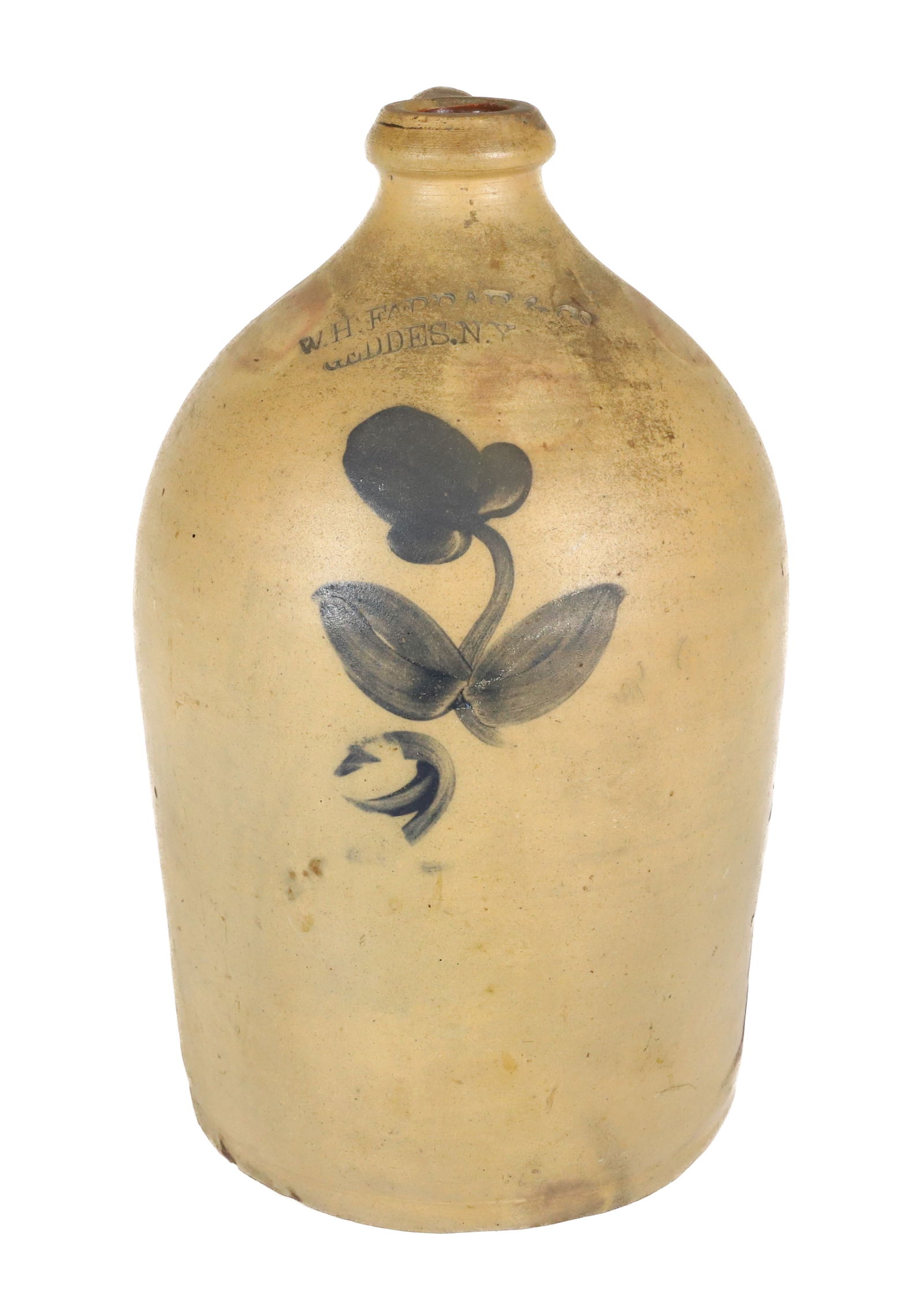 GEDDES, NY STONEWARE JUG: BLUE FLORAL DECORATION. IMPRESSED " W.H. FARRAR & CO., GEDDES, NY". 14" H. PLEASE READ CAREFULLY â€“ THIS IS AN IN-PERSON & ON-LINE AUCTION. SALE IS LOCATED IN HARMONY TOWNSHIP, PHILL
