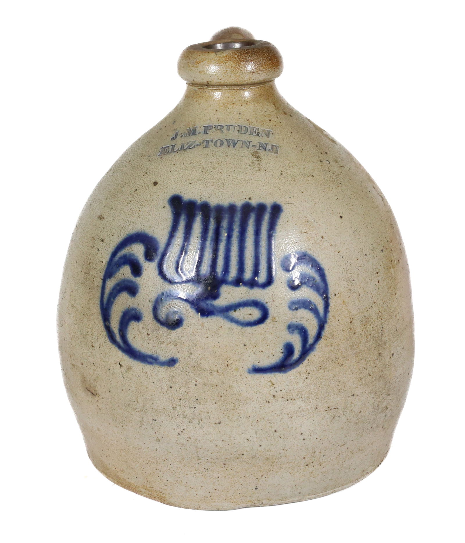 ELIZABETHTOWN, NJ DECORATED STONEWARE JUG: DARK BLUE DECORATION ON FRONT. IMPRESSED "J.M. PRUDEN, ELIZ-TOWN,NJ". 10" H. PLEASE READ CAREFULLY â€“ THIS IS AN IN-PERSON & ON-LINE AUCTION. SALE IS LOCATED IN HARMONY TOWNSHIP, PHI
