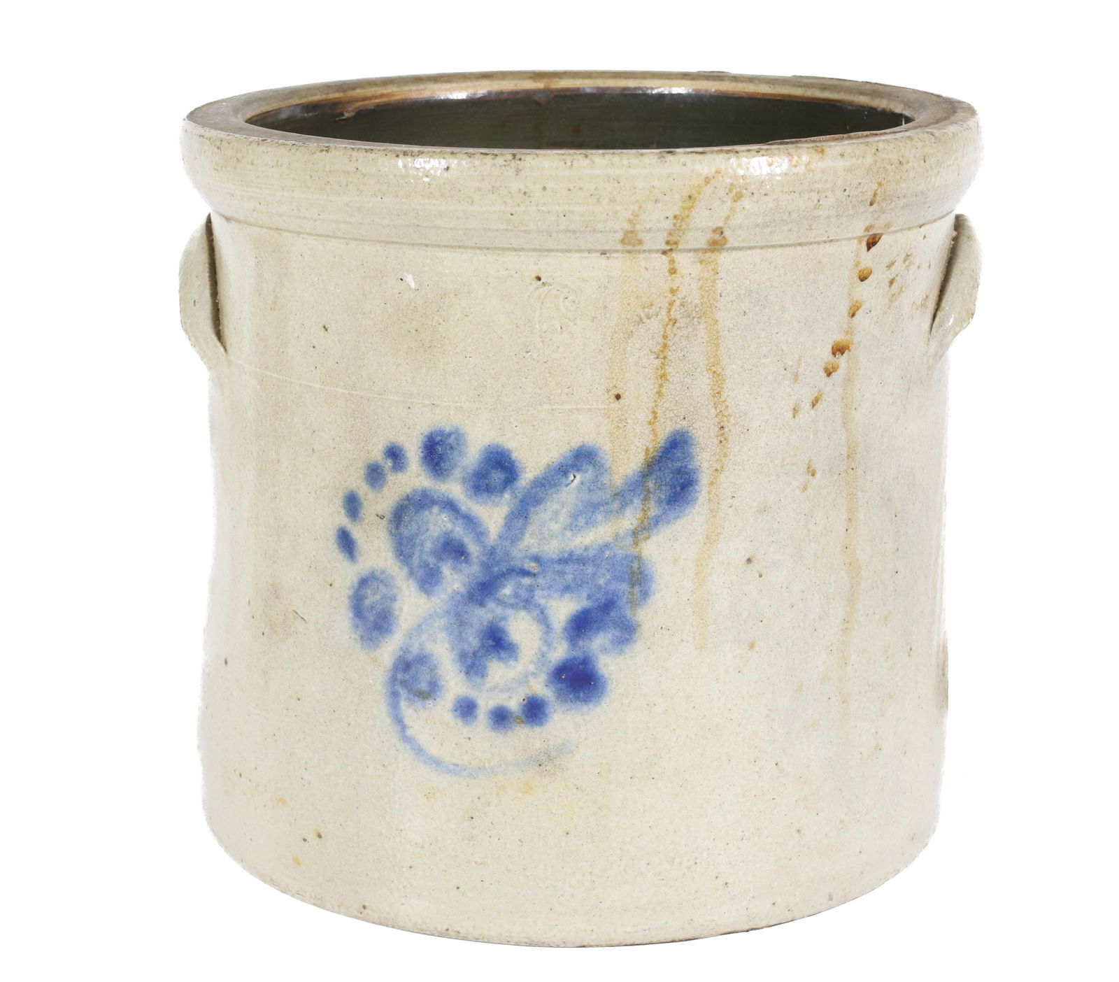 BLUE DECORATED STONEWARE CROCK: BLUE FLORAL DECORATION. LUG HANDLES. 8" X 9". PLEASE READ CAREFULLY â€“ THIS IS AN IN-PERSON & ON-LINE AUCTION. SALE IS LOCATED IN HARMONY TOWNSHIP, PHILLIPSBURG, NJ â€R