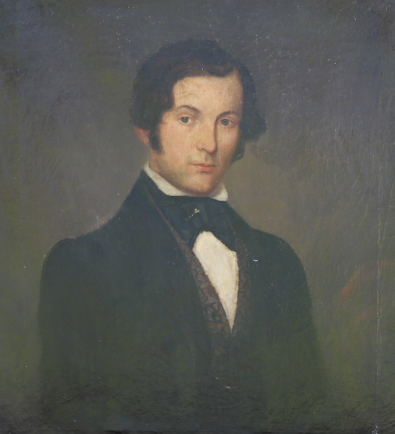 EARLY PORTRAIT OF A GENTLEMAN: FRAMED OIL ON CANVAS DEPICTING YOUNG MAN. 26 3/4" X 24 1/2" SIGHT VIEW. TOTAL SIZE 33 1/2" X 31". PLEASE READ CAREFULLY â€“ THIS IS AN IN-PERSON & ON-LINE AUCTION. SALE IS LOCATED IN 