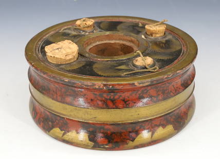 JAMES L. CHAPPELL DECORATED INK STAND, INKWELL: TURNED WOOD WITH GOLD BANDING AND MARBLING. ORIGINAL INTACT LABEL ON BOTTOM. 5 7/8" D. PLEASE READ CAREFULLY – THIS IS AN IN-PERSON & ON-LINE AUCTION. SALE IS LOCATED IN HARMONY TOW