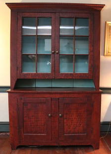 TWO-PIECE PAINT DECORATED STEPBACK CUPBOARD: 19TH CENTURY PAINTED STEPBACK CUPBOARD WITH BLUE INTERIOR - (2) DOOR WITH 12 PANES OVER PIE SHELF OVER 2 DOORS - 80" X 51 1/2" X 16" PLEASE READ CAREFULLY &#226;&#8364;&#8220; THIS IS AN IN-PERSON & O