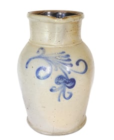 TWO-GALLON BLUE DECORATED STONEWARE PITCHER